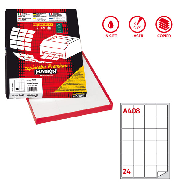 MARKIN - X210A408 - Etichette adesive A-408 - in carta - permanenti - 47,5 x 46,5 mm - 24 et-fg - 100 fogli - bianco - angoli tondi - Markin - 49064 -  Conf. da 1 Pz.
