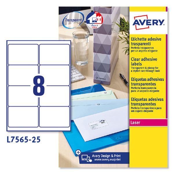 AVERY - L7565-25 - Etichetta adesiva L7565 - poliestere - permanente - 99,1 x 67,7 mm - 8et-fg - 25 fogli A4 - trasparente - Avery - 57026 -  Conf. da 1 Pz.