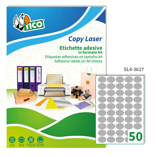 TICO - SL4-3627 - Etichette adesive ovali SL4 - in carta - permanenti - 36 x 27 mm - 50 et-fg - 100 fogli - argento satinato - Tico - 65023 -  Conf. da 1 Pz.