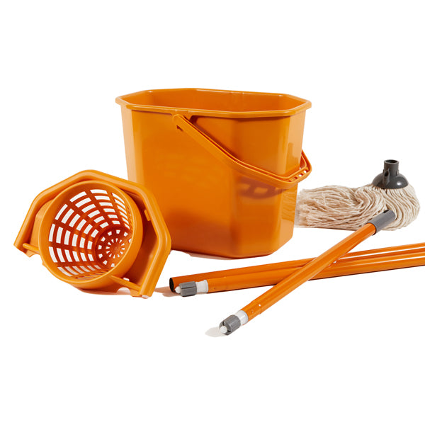 PERFETTO - 0469F - Kit per pavimenti Secchiostrizza - secchio con strizzatore 12 L + mop 240 gr + manico da 130 cm - arancione - Perfetto - 74095 -  Conf. da 1 Pz.