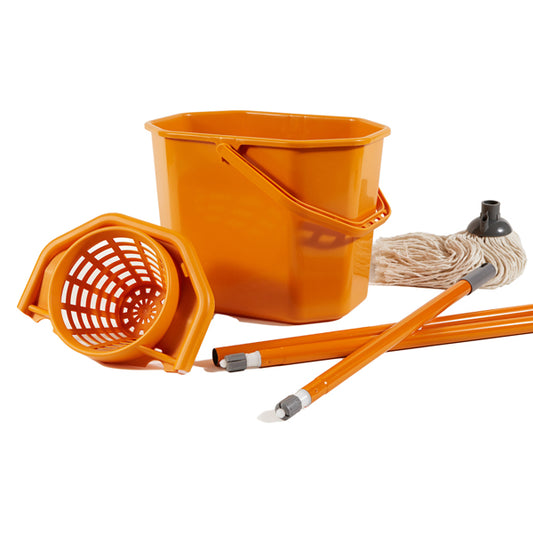 PERFETTO - 0469F - Kit per pavimenti Secchiostrizza - secchio con strizzatore 12 L + mop 240 gr + manico da 130 cm - arancione - Perfetto - 74095 -  Conf. da 1 Pz.