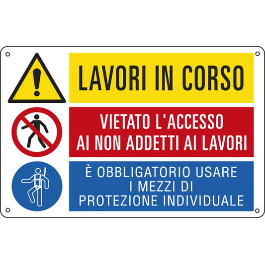 CARTELLI SEGNALATORI - E2948 - Cartello segnalatore multisimbolo - 50x33,3 cm - LAVORI IN CORSO-VIETATO L'ACCESSO…-E' OBBLIGATORIO… - alluminio - Cartelli Segnalatori - 79831 -  Conf. da 1 Pz.