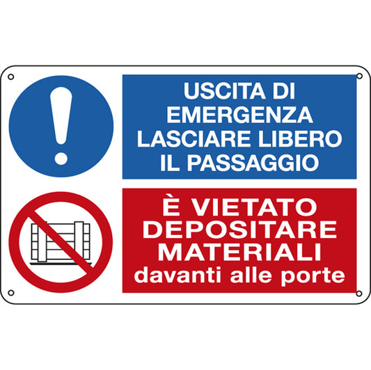 CARTELLI SEGNALATORI - E3541 - Cartello segnalatore multisimbolo - 30x20 cm - USCITA DI EMERGENZA…-E' VIETATO DEPOSITARE… - alluminio - Cartelli Segnalatori - 79833 -  Conf. da 1 Pz.