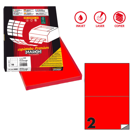MARKIN - X210C509F-RO - Etichette adesive C-509 - in carta - permanenti - 210 x 148,5 mm - 2 et-fg - 100 fogli - rosso fluo - Markin - 80175 -  Conf. da 1 Pz.