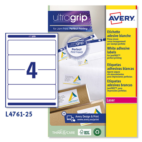 AVERY - L4761-25 - Etichette adesive L4761 - in carta - angoli arrotondati - permanenti - 192 x 61 mm - 4 et-fg - 25 fogli - bianco coprente - Avery - 83395 -  Conf. da 1 Pz.