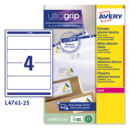 AVERY - L4761-25 - Etichette adesive L4761 - in carta - angoli arrotondati - permanenti - 192 x 61 mm - 4 et-fg - 25 fogli - bianco coprente - Avery - 83395 -  Conf. da 1 Pz.