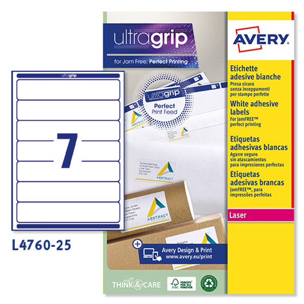 AVERY - L4760-25 - Etichette adesive L4760 - in carta - angoli arrotondati - permanenti - 192 x 38 mm - 7 et-fg - 25 fogli - bianco coprente - Avery - 83396 -  Conf. da 1 Pz.
