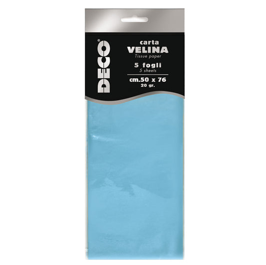 DECO - 12283-13 - Carta velina - 50 x 76 cm - 20 gr - azzurro - Deco - busta 5 fogli - 89120 -  Conf. da 1 Pz.
