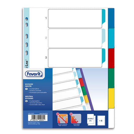 FAVORIT - 400132501 - Divisori Neutri a 6 tacche - PP - A4 - colori assortiti - Favorit - 89338 -  Conf. da 1 Pz.