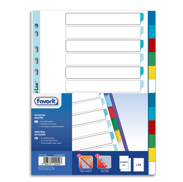 FAVORIT - 400132500 - Divisori Neutri a 12  tacche - PP - A4 - colori assortiti - Favorit - 89340 -  Conf. da 1 Pz.