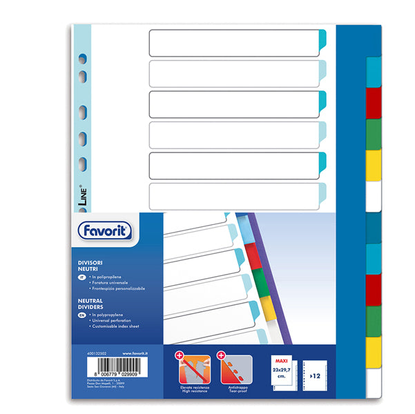 FAVORIT - 400132502 - Divisori Neutri a 12  tacche - PP - A4 maxi - colori assortiti - Favorit - 89341 -  Conf. da 1 Pz.