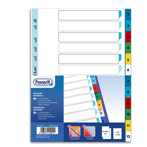FAVORIT - 400132468 - Divisori numerici 12 tacche - A4 - PP - colori assortiti - Favorit - 89342 -  Conf. da 1 Pz.