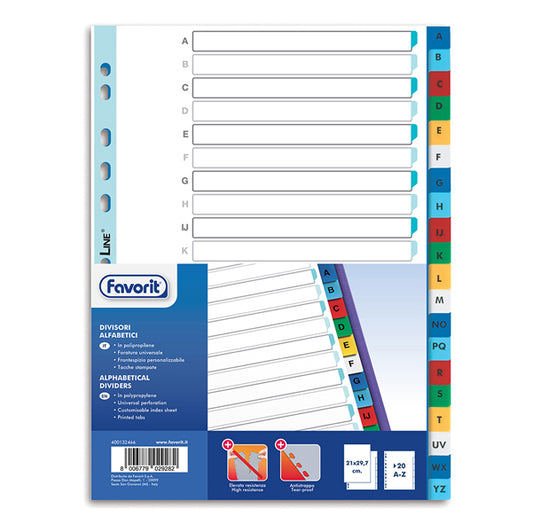 FAVORIT - 400132466 - Divisori alfabetici 20 tacche - PP - A4 - colori assortiti - Favorit - 89344 -  Conf. da 1 Pz.