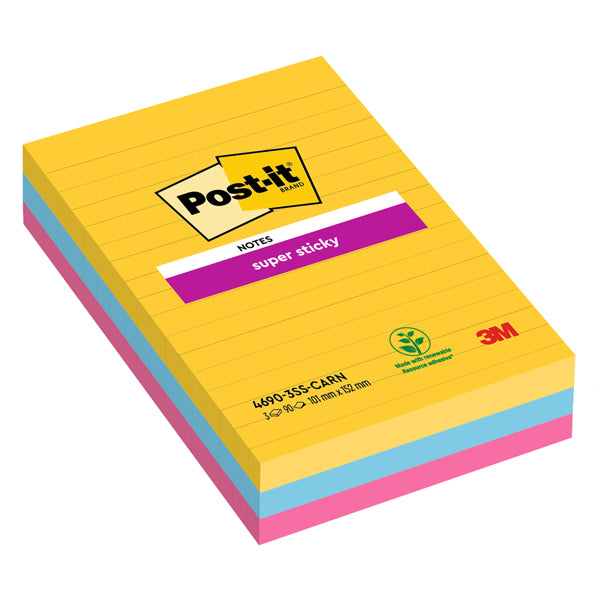 POST-IT - 7100234250 - Blocco Post it  Super Sticky - 4690-3SS-CARN - a righe - 101 x 152 mm - colori Carnival - 90 fogli - Post it  - conf. 3 pezzi - 94361 -  Conf. da 1 Pz.