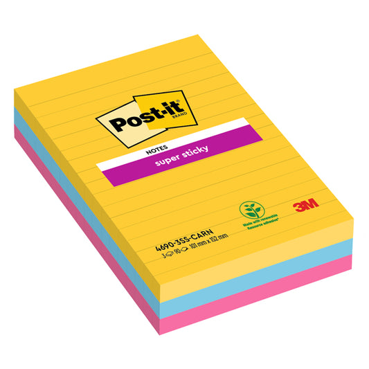 POST-IT - 7100234250 - Blocco Post it  Super Sticky - 4690-3SS-CARN - a righe - 101 x 152 mm - colori Carnival - 90 fogli - Post it  - conf. 3 pezzi - 94361 -  Conf. da 1 Pz.