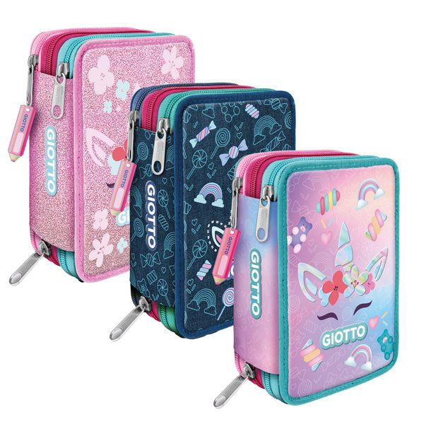 GIOTTO - F954000 - Astuccio 3 zip Candy collection - 19,5 x 7,5 x 12,9 cm - tessuto - fantasie assortite - Giotto - 99766 -  Conf. da 12 Pz.