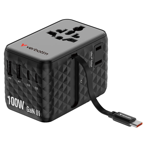 VERBATIM - 30191 - Adattatore - da viaggio universale - GaN III - con cavo USB-C retrattile - Nero - Verbatim - VERB30191 -  Conf. da 1 Pz.