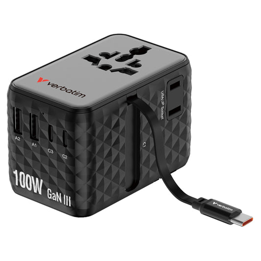 VERBATIM - 30191 - Adattatore - da viaggio universale - GaN III - con cavo USB-C retrattile - Nero - Verbatim - VERB30191 -  Conf. da 1 Pz.