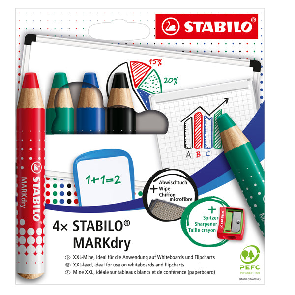 STABILO - 648-4 - Astuccio 4 matitoni per lavagne STABILO MARKdry + temperino + panno microfibra - 100529 -  Conf. da 1 Pz.