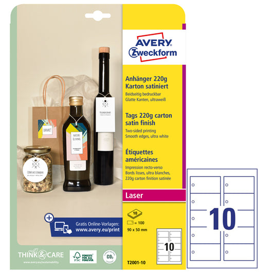 AVERY - T2001-10 - Cartellino stampabile - con bordi lisci - laser - cartoncino - 90 x 50 mm - 10 cart-fg - 10 fogli A4 - bianco - Avery - 101300 -  Conf. da 1 Pz.