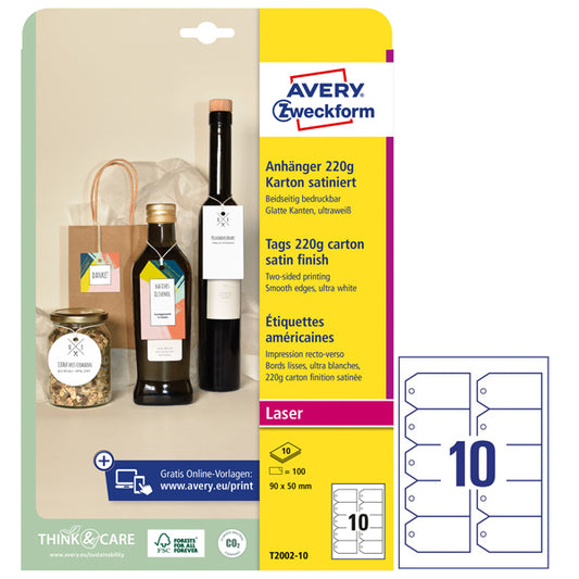 AVERY - T2002-10 - Cartellino stampabile - con bordi tagliati lisci - laser - cartoncino - 90 x 50 mm - 10 cart-fg - 10 fogli A4 - bianco - Avery - 101301 -  Conf. da 1 Pz.