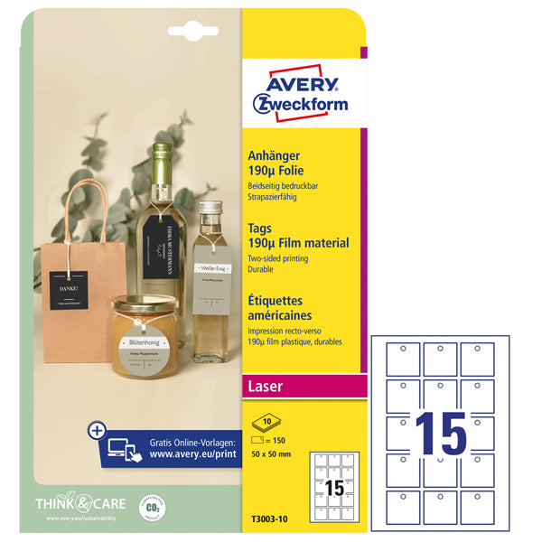 AVERY - T3003-10 - Cartellino stampabile resistente - laser - plastica 190 mic - 50 x 50 mm - 15 cart-fg - 10 fogli A4 - bianco - Avery - 101313 -  Conf. da 1 Pz.