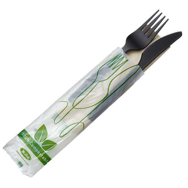 Leone - Q2048.Z - Bis coltello e forchetta - CPLA - con tovagliolo - bianco - Leone - conf. 250 pezzi - 101411 -  Conf. da 1 Pz.