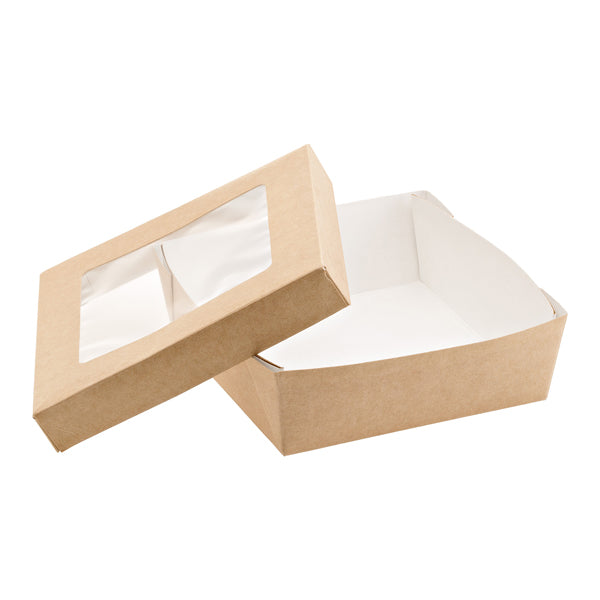 Leone - H0717 - Scatola da asporto - con finestra trasparente - 14 x 14 x 5 cm - carta kraft-PE - avana - Leone - conf. 25 pezzi - 101414 -  Conf. da 1 Pz.