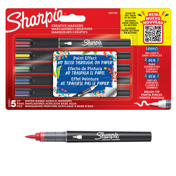 SHARPIE - 2201182 - Astuccio 5 marcatori acrilici punta brush colori assortiti Sharpie - 101502 -  Conf. da 1 Pz.