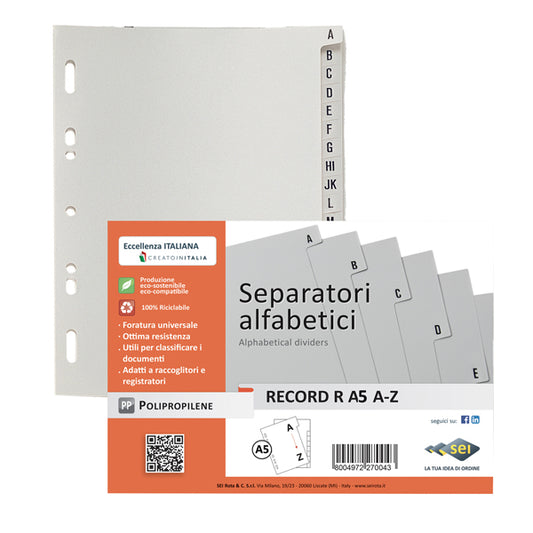 SEI ROTA - 581500 - Separatore alfabetico A-Z Record R - PPL - 15x21 cm - A5 - grigio - Sei Rota