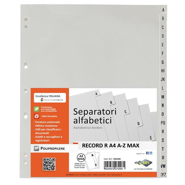 SEI ROTA - 581401 - Separatore alfabetico A-Z Record R - PPL - 21 x 29,7 cm - A4 - grigio - Sei Rota