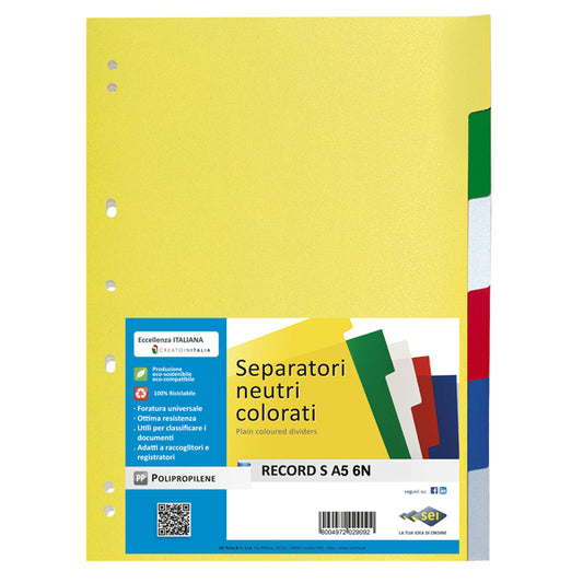 SEI ROTA - 580030 - Separatore Record S - 6 tasti - PPL - 15 x 21 cm - A5 - multicolore - Sei Rota