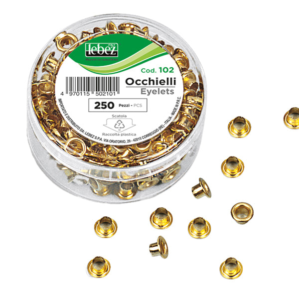 LEBEZ - 102 - Occhielli ottonati - per occhiellatrice - diametro 5 mm - oro - Lebez - conf. 250 pezzi