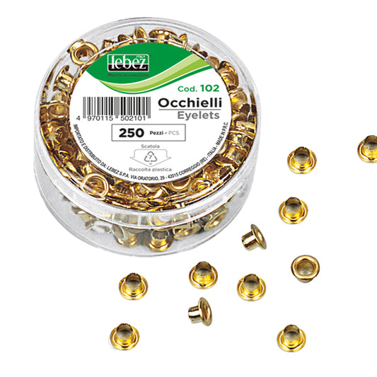 LEBEZ - 102 - Occhielli ottonati - per occhiellatrice - diametro 5 mm - oro - Lebez - conf. 250 pezzi