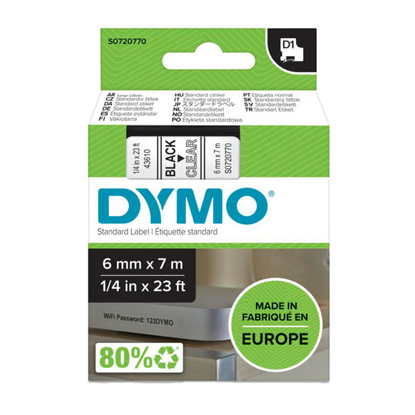 DYMO - S0720770 - Nastro D1 436100 - 6 mm x 7 mt - nero-trasparente - Dymo