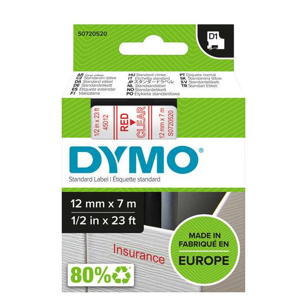 DYMO - S0720520 - Nastro D1 450120 - 12 mm x 7 mt - rosso-trasparente - Dymo