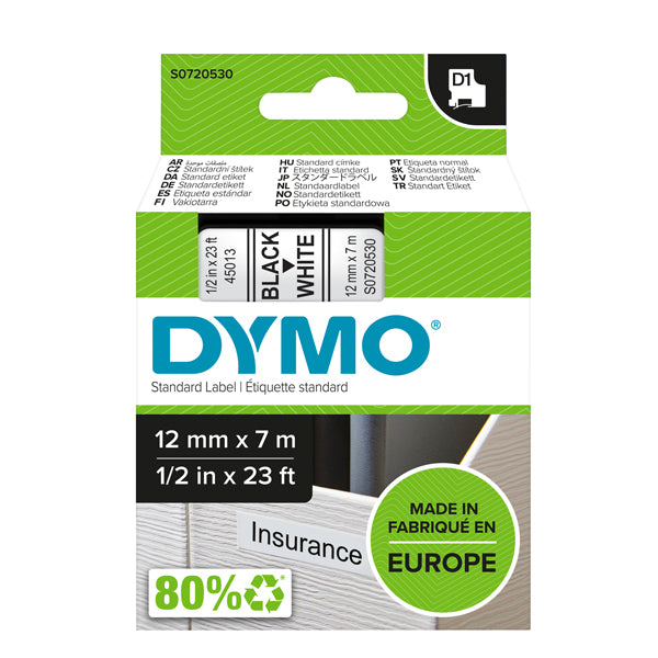DYMO - S0720530 - Nastro D1 450130 - 12 mm x 7 mt - nero-bianco - Dymo