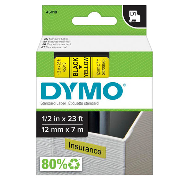 DYMO - S0720580 - Nastro D1 450180 - 12 mm x 7 mt - nero-giallo - Dymo