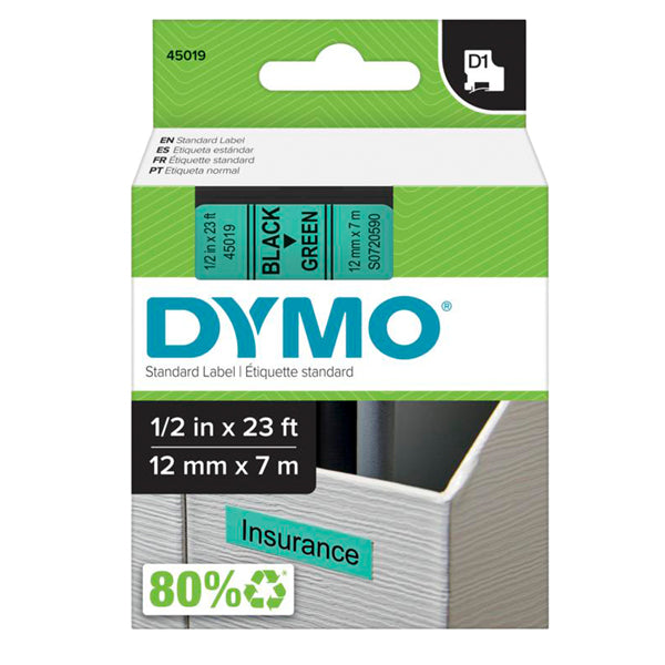 DYMO - S0720590 - Nastro D1 450190 - 12 mm x 7 mt - nero-verde - Dymo