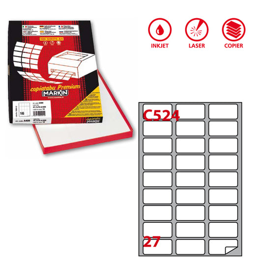 MARKIN - 210C524 - Etichette adesive C524 - permanenti - angoli arrotondati - 56 x 28 mm - 27 et-fg - 100 fogli A4 - bianco - Markin