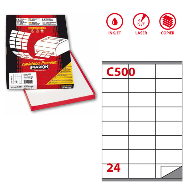 MARKIN - 210C500 - Etichette adesive C500 - permanenti - 70 x 36 mm - 24 et-fg - 100 fogli A4 - bianco - Markin