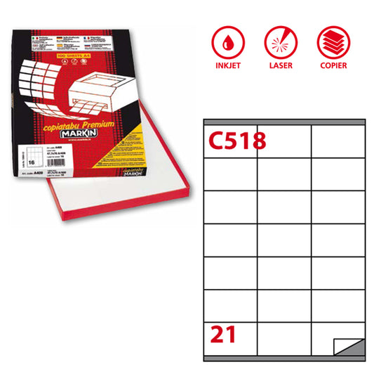 MARKIN - 210C518 - Etichette adesive C518 - permanenti - 70 x 40 mm - 21 etichetta per foglio - 100 fogli A4 - bianco - Markin