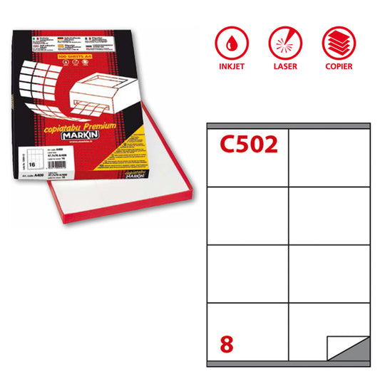 MARKIN - 210C502 - Etichette adesive C502 - permanenti - 105 x 72 mm - 8 et-fg - 100 fogli A4 - bianco - Markin