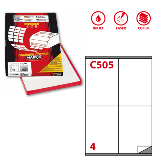 MARKIN - 210C505 - Etichette adesive C505 - permanenti - 105 x 140 mm - 4 et-fg - 100 fogli A4 - bianco - Markin