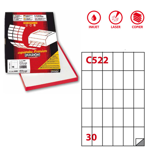 MARKIN - 210C522 - Etichette adesive C522 - permanenti - 35 x 59 mm - 30 et-fg - 100 fogli A4 - bianco - Markin
