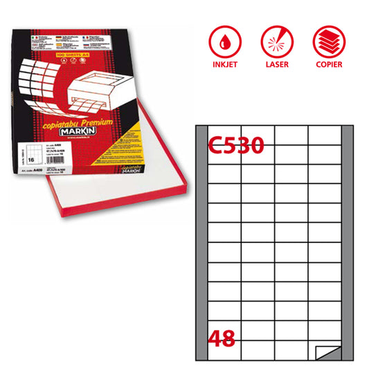 MARKIN - 210C530 - Etichette adesive C530 - permanenti - 48 x 25 mm - 48 et-fg - 100 fogli A4 - bianco - Markin