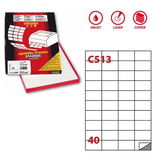 MARKIN - 210C513 - Etichette adesive C513 - permanenti - 52,5 x 29,7 mm - 40 et-fg - 100 fogli A4 - bianco - Markin