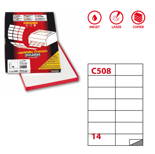 MARKIN - 210C508 - Etichette adesive C508 - permanenti - 105 x 42,43mm - 14 et-fg - 100 fogli A4 - bianco - Markin