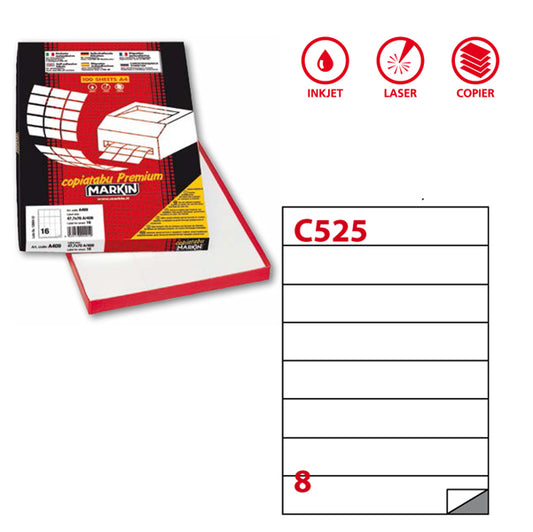 MARKIN - 210C525 - Etichette adesive C525 - permanenti - 210 x 37,12 mm - 8 et-fg - 100 fogli A4 - bianco - Markin