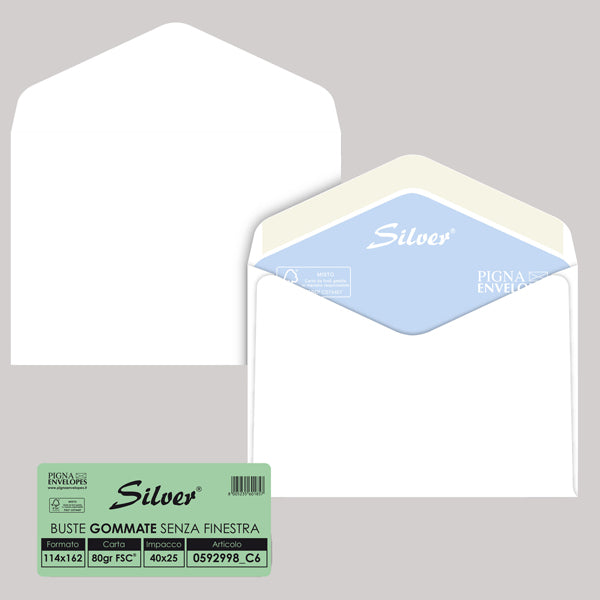 PIGNA - 0592998C6 - Busta Busta Silver Matic FSC  - senza finestra - gommata - 11,4 x 16,2 cm - 70 gr -  bianco - Pigna - conf. 25 pezzi